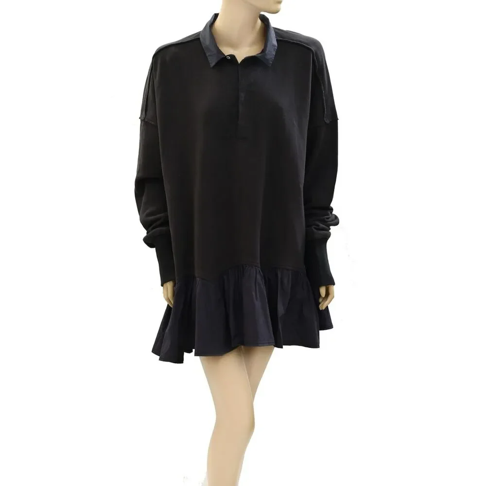 Free People Olivia Sweatshirt Top Black Oversized Cotton Slouchy S NWT 274371